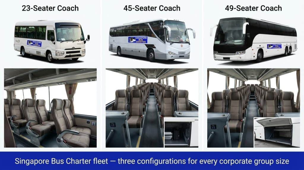 Singapore Bus Charter 23-, 45- and 49-seat fleet with interior views