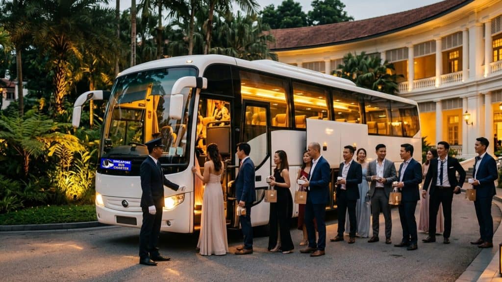 Wedding and private-event guests boarding a Singapore Bus Charter coach